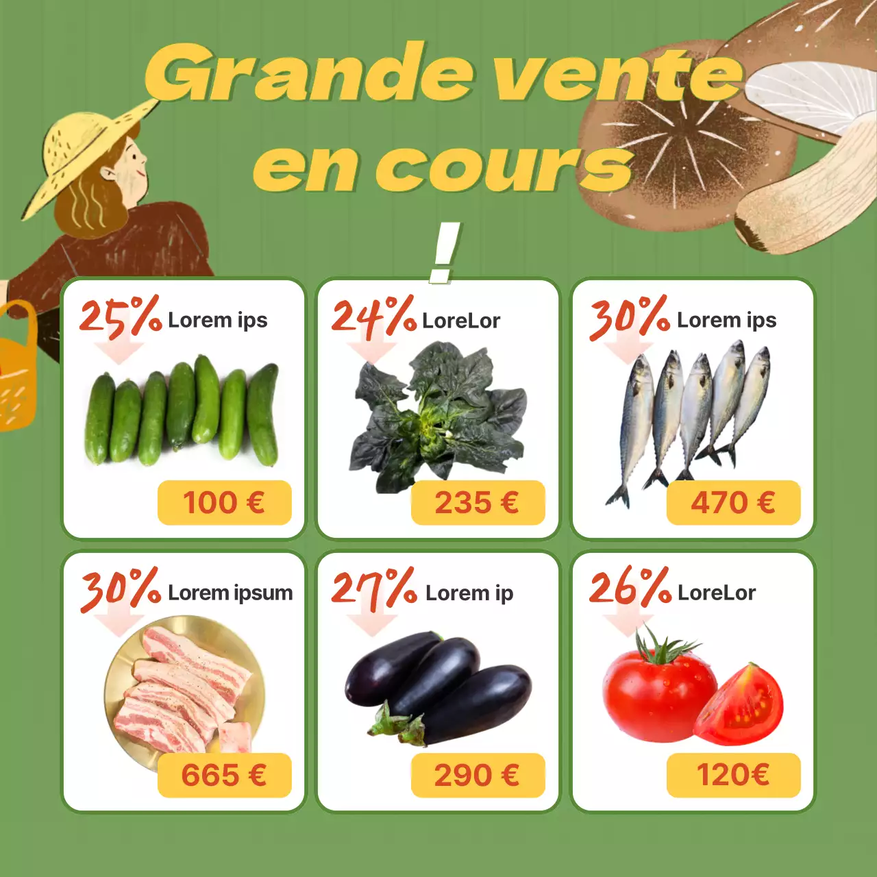 Promotion d'un marché de producteurs avec une illustration de légumes vert lime.