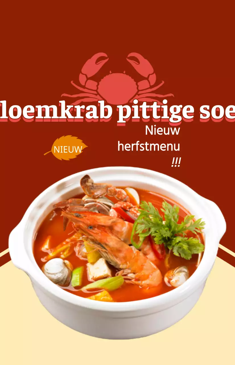 Een promotiestuk voor een nieuw herfstmenu met tekst en illustraties voor een gerecht met blauwe krabben.