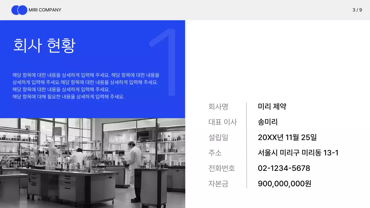 파랑과 회색의 심플한 의료 제약 회사 소개서