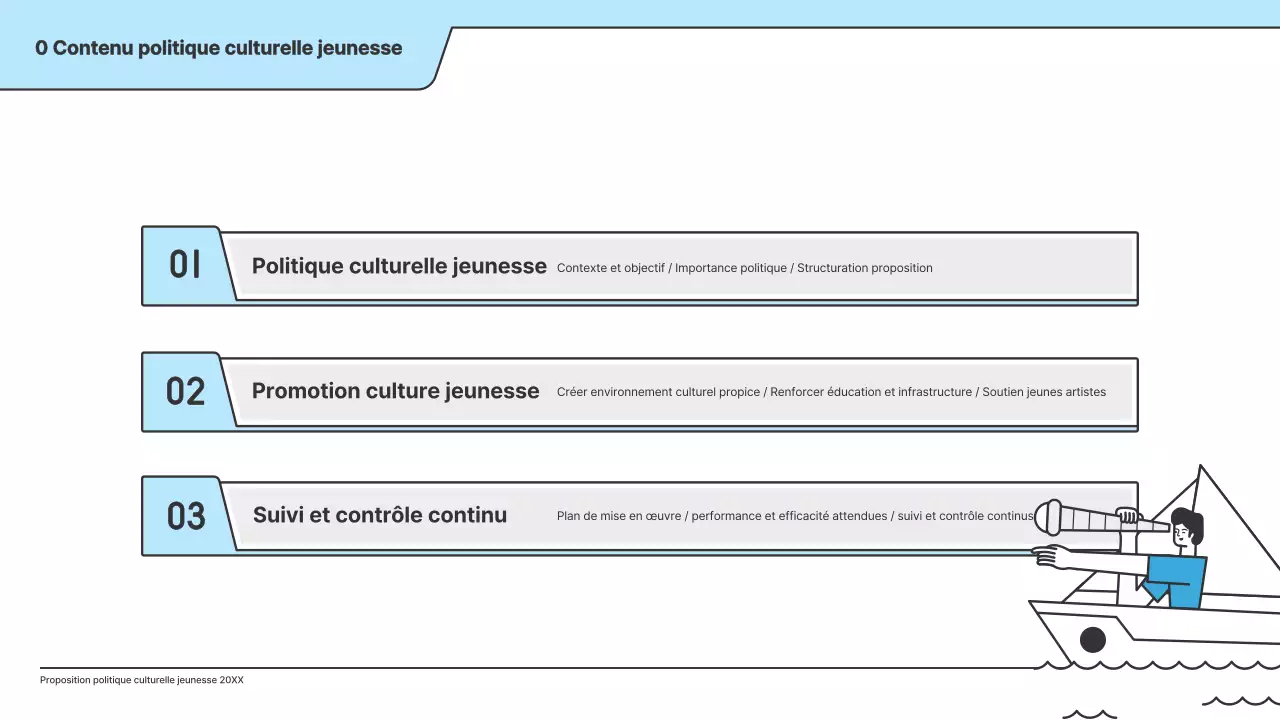 Une proposition politique avec une illustration claire en bleu clair et une forme de point d'indice.