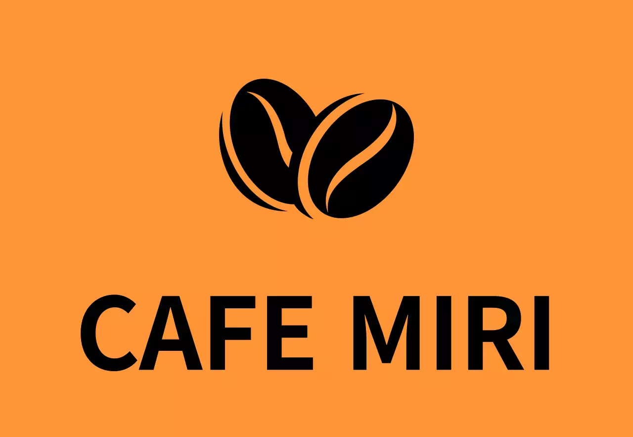 Einfache Schaufensterbeschriftung mit orange-schwarz-weißem Miricafe-Text und Bohnen-Illustrationen