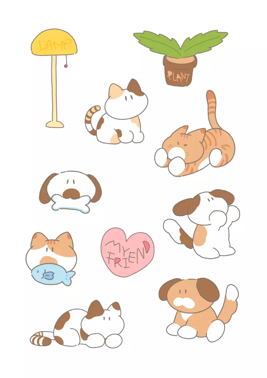 Produits dérivés de personnages avec un concept dessiné à la main mettant en scène des chats, des chiens et des objets dans une atmosphère chaleureuse.