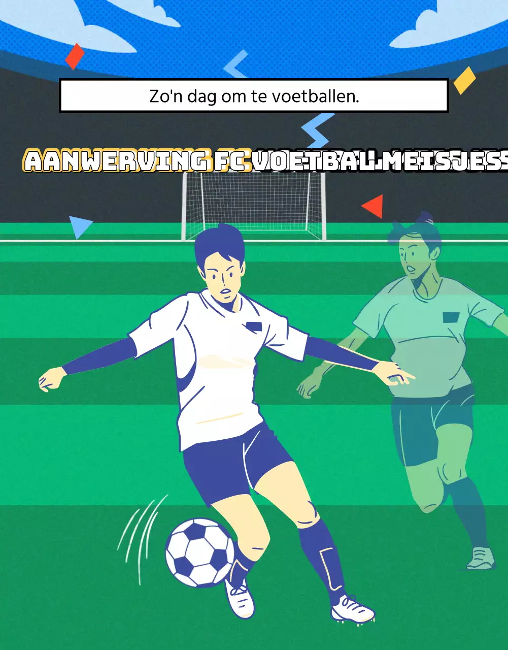 Rekruteringsflyer voor vrouwenvoetbal met een afbeelding van een groen voetbalveld