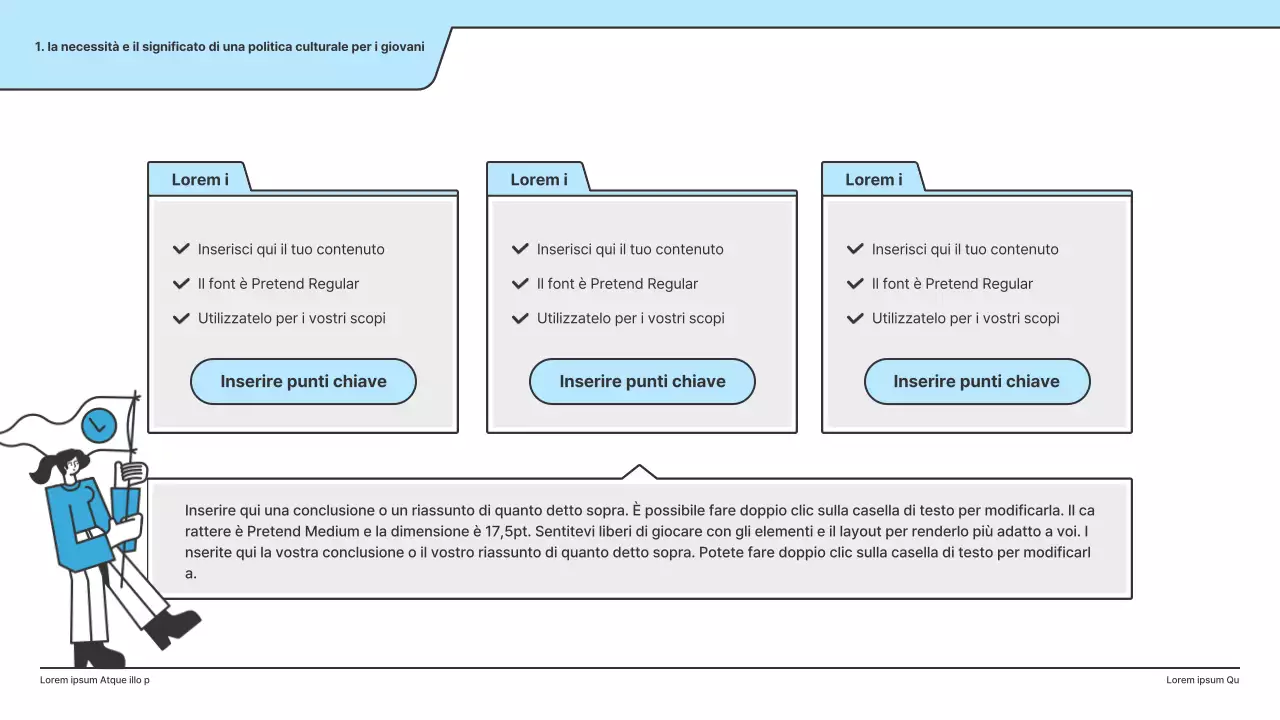 Una proposta politica con un'illustrazione pulita in azzurro e una forma a punto indice.