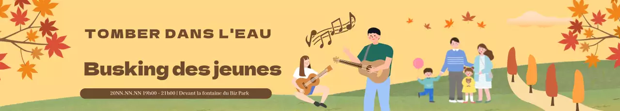 Bannière de jeu avec une illustration de personnes jouant de la musique sur fond d'érable automnal