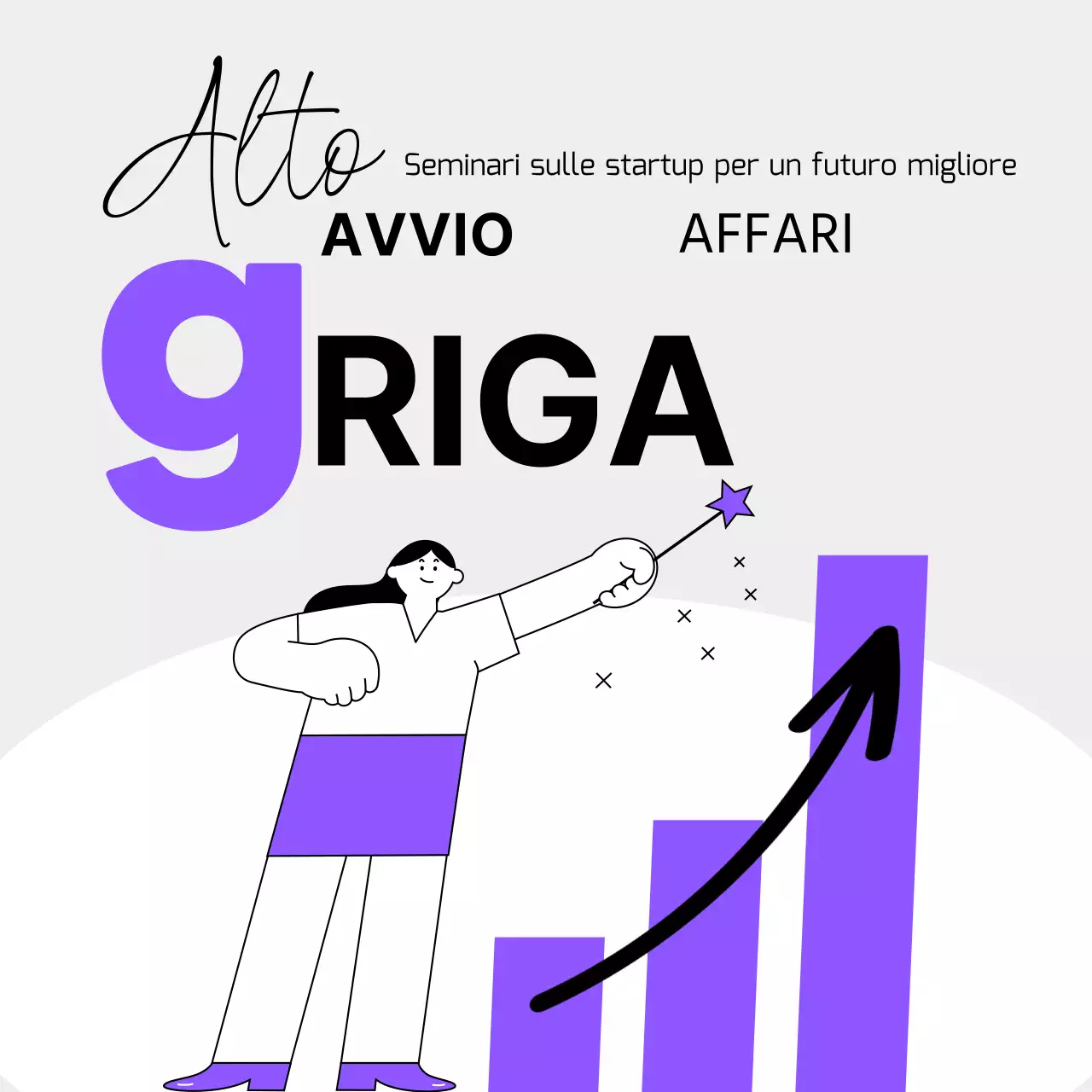 Seminario aziendale per startup con semplici grafici in viola e bianco