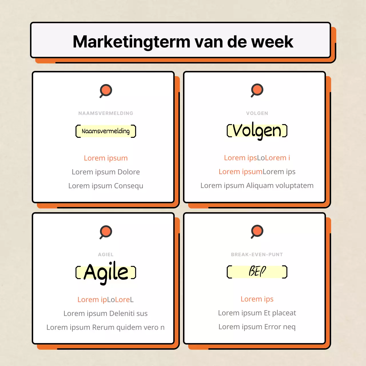 Oranje en wit, modern en strak, met nadruk op marketinginformatie