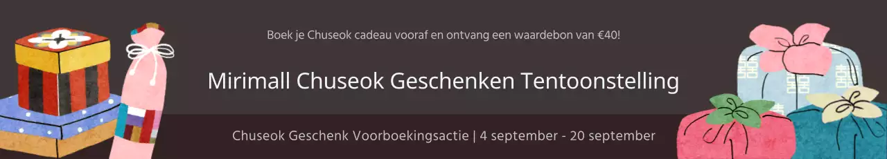 Chuseok geschenkset pre-order promotie met kleurrijke geschenkset furoshiki illustraties op een koperkleurige achtergrond