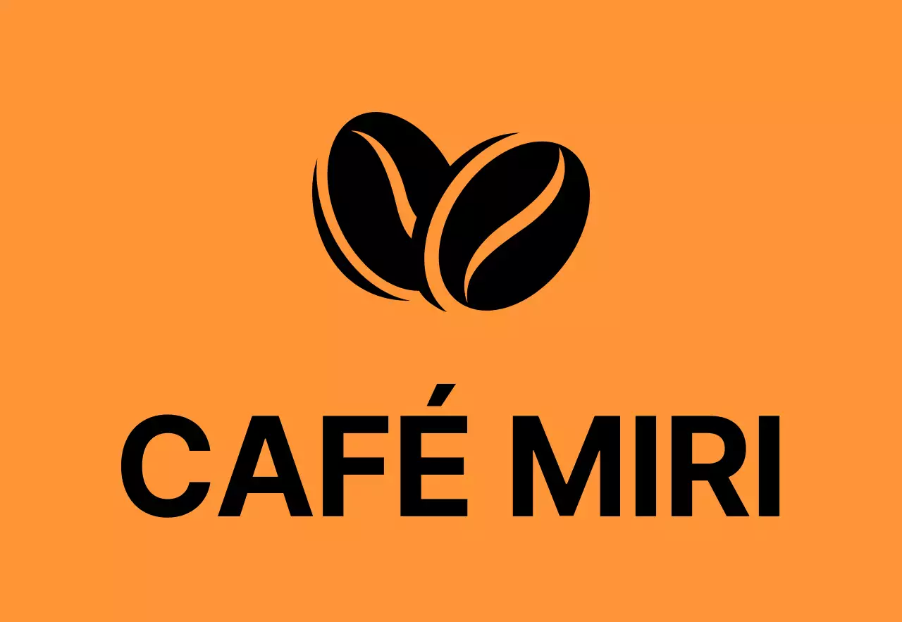 Enseigne simple sur la devanture du magasin avec un texte Miricafe orange-noir-et-blanc et des illustrations de haricots.