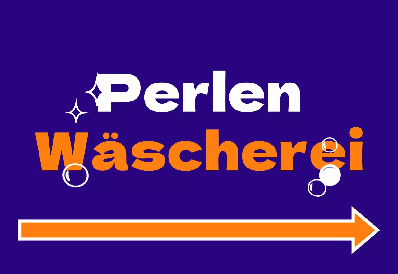 Leicht lesbare Ladenbeschilderung mit blauem, gelbem, orangefarbenem und weißem Wäschetext und Illustrationen mit Tupfen, Sternen und Pfeilen.