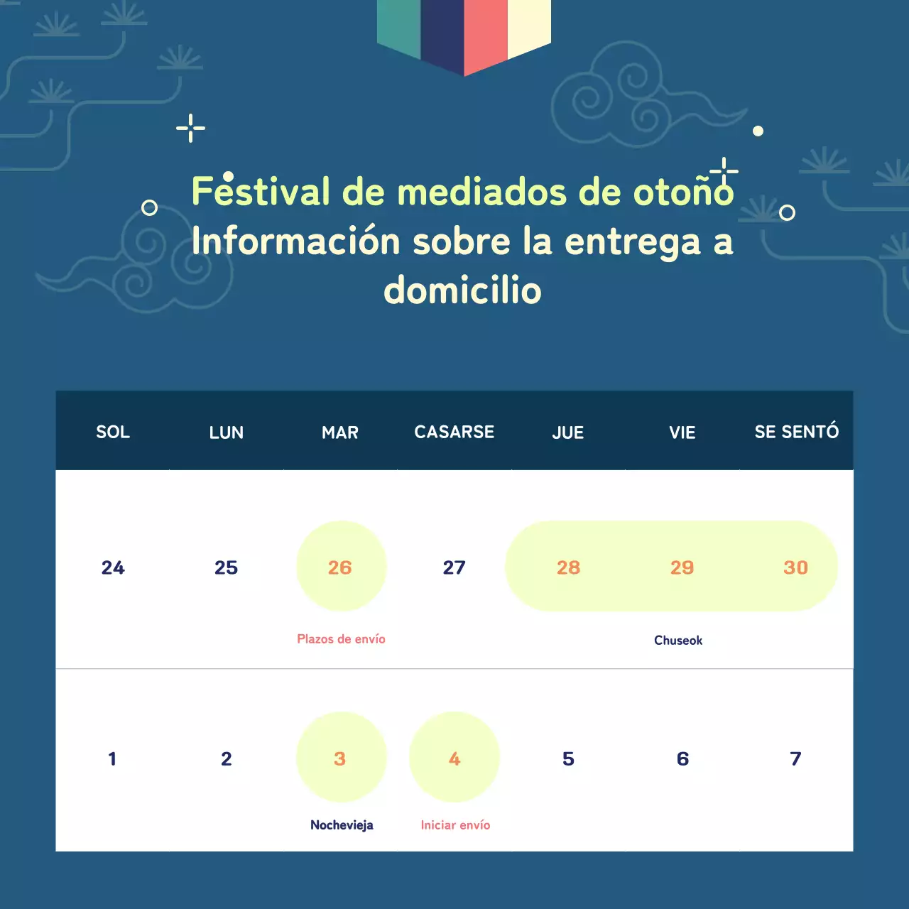 Anuncio de Chuseok con motivo tradicional y detalles en chartreuse