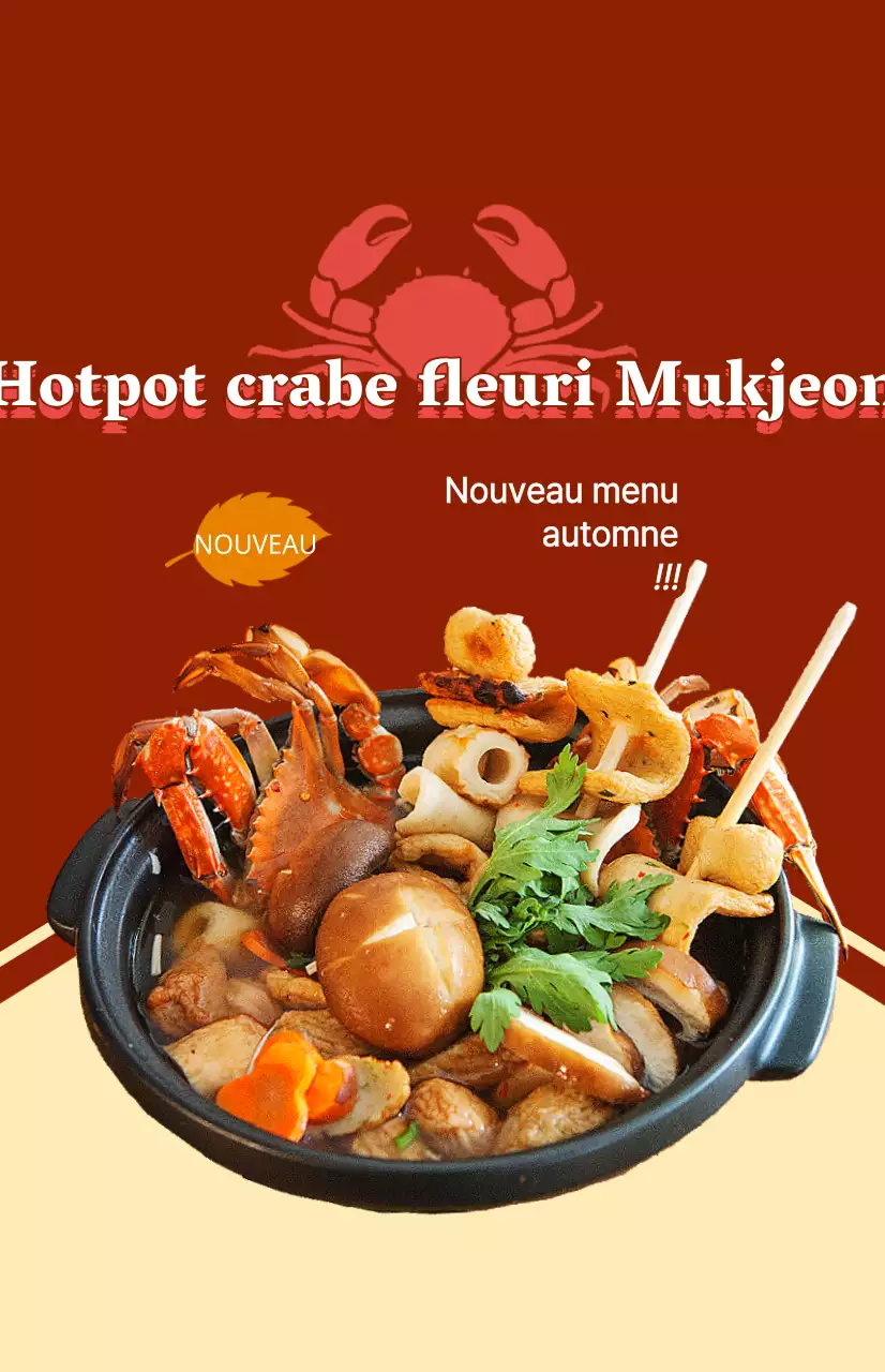 Un document promotionnel pour un nouveau menu d'automne avec un texte et des illustrations pour un plat à base de crabes bleus.