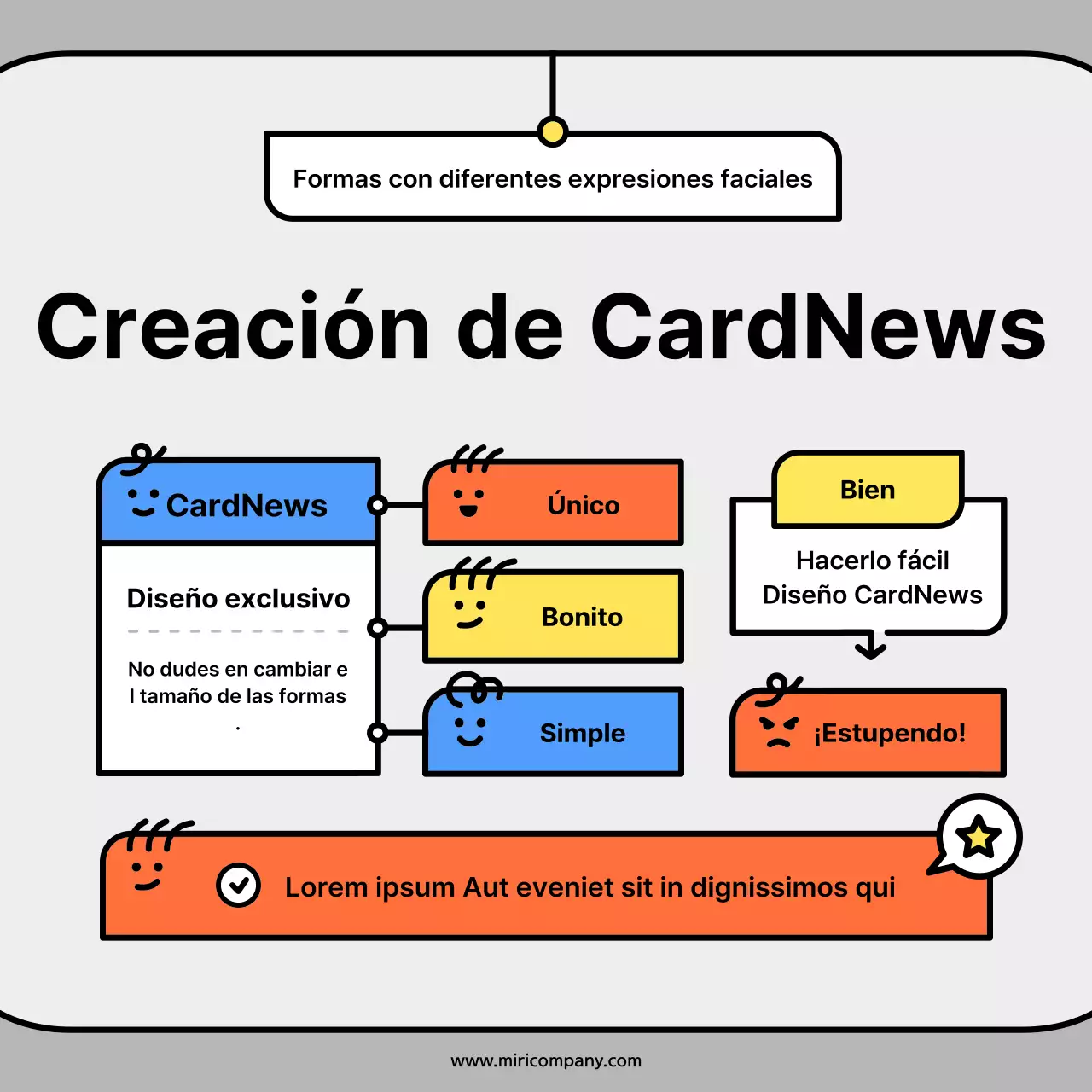 Simpáticas formas de personajes en tarjetas conceptuales naranjas y azulesNoticias Kit