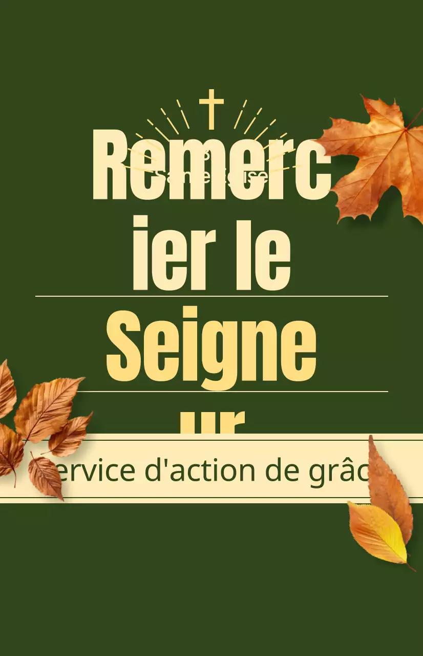Promotion du service d'automne d'une église avec un texte relatif à l'action de grâce et une photo illustrant des feuilles en train de tomber.