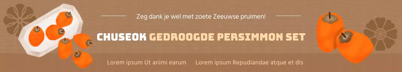 Een nette Chuseok gedroogde persimmon cadeauset pre-order promotie met een aquarel illustratie van gedroogde persimmon op een bruine achtergrond