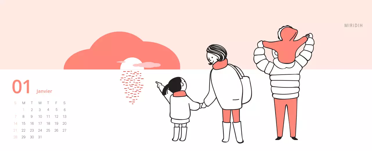 Calendrier de bureau illustré vert sur le thème de la famille