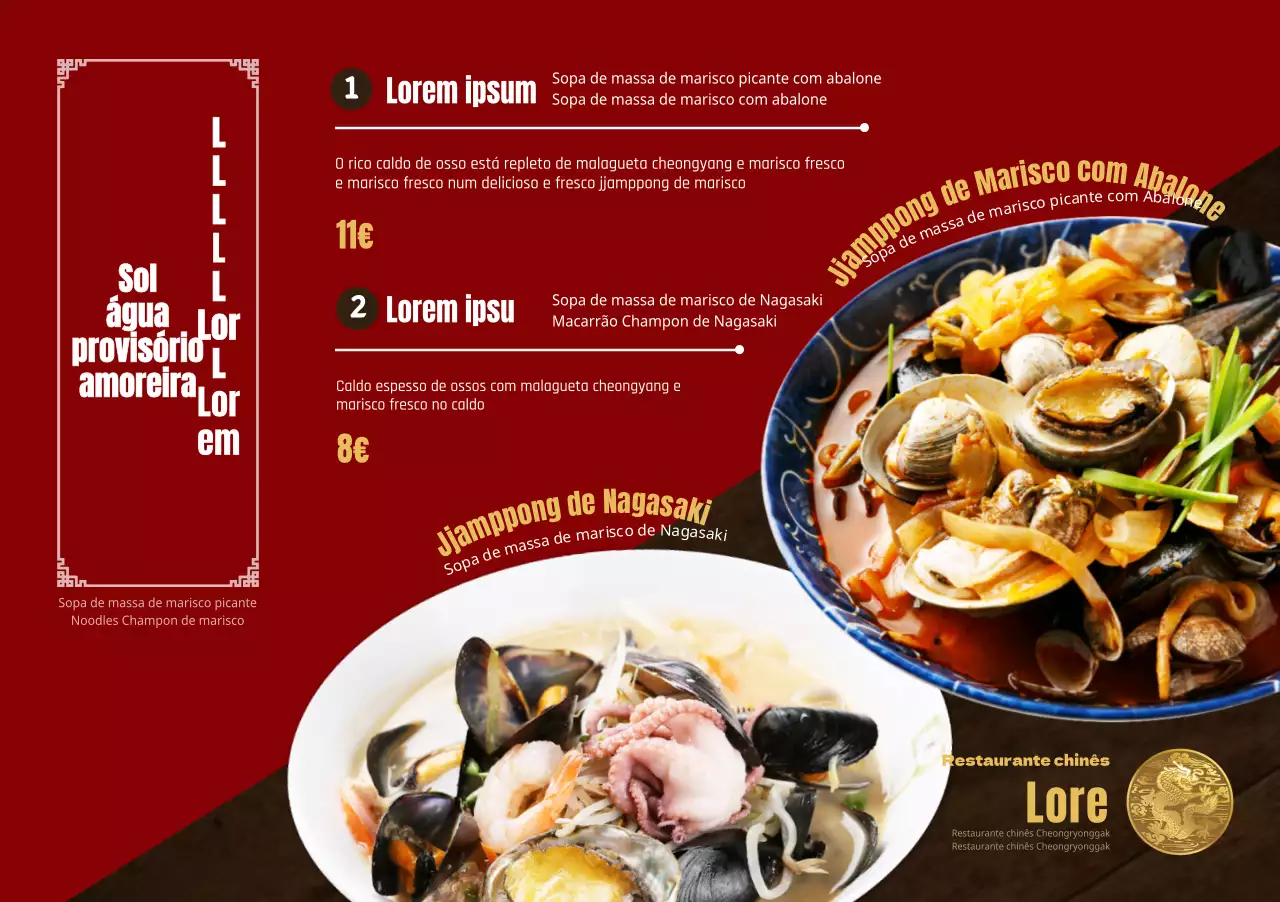 Introduzir o menu de um restaurante chinês com uma fotografia de grandes dimensões de um jjamppong vermelho e preto de inspiração oriental.
