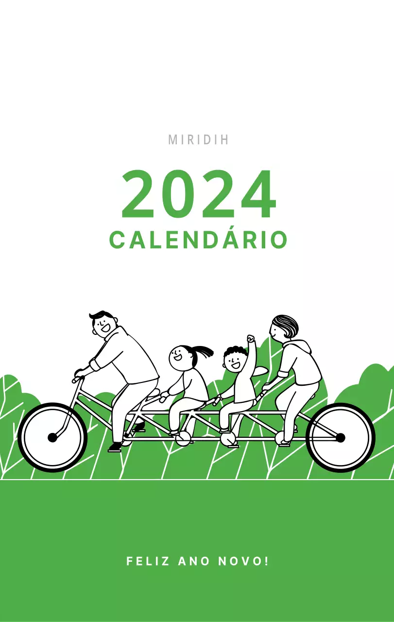Calendário de secretária verde ilustrado com tema de família
