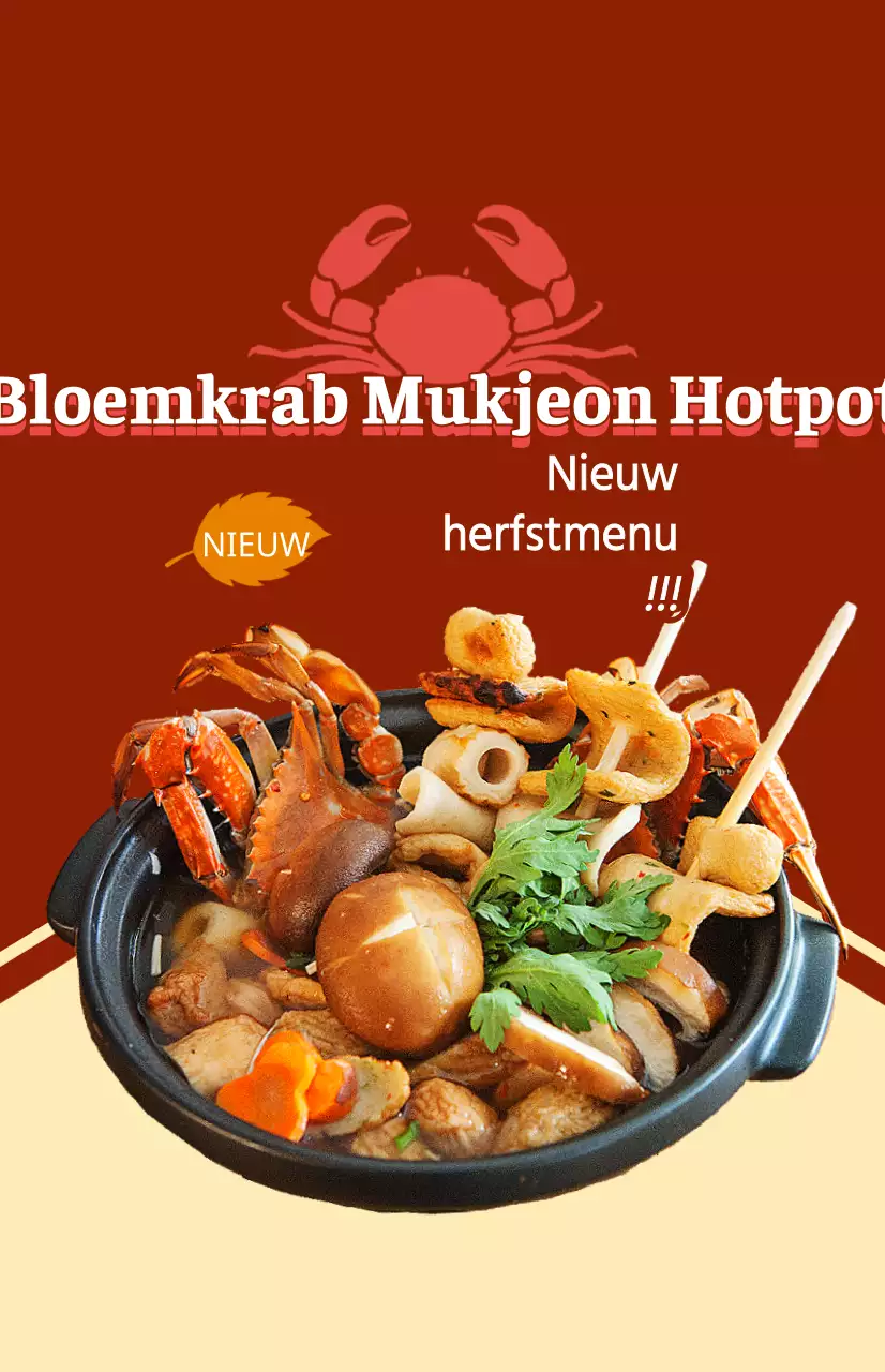 Een promotiestuk voor een nieuw herfstmenu met tekst en illustraties voor een gerecht met blauwe krabben.