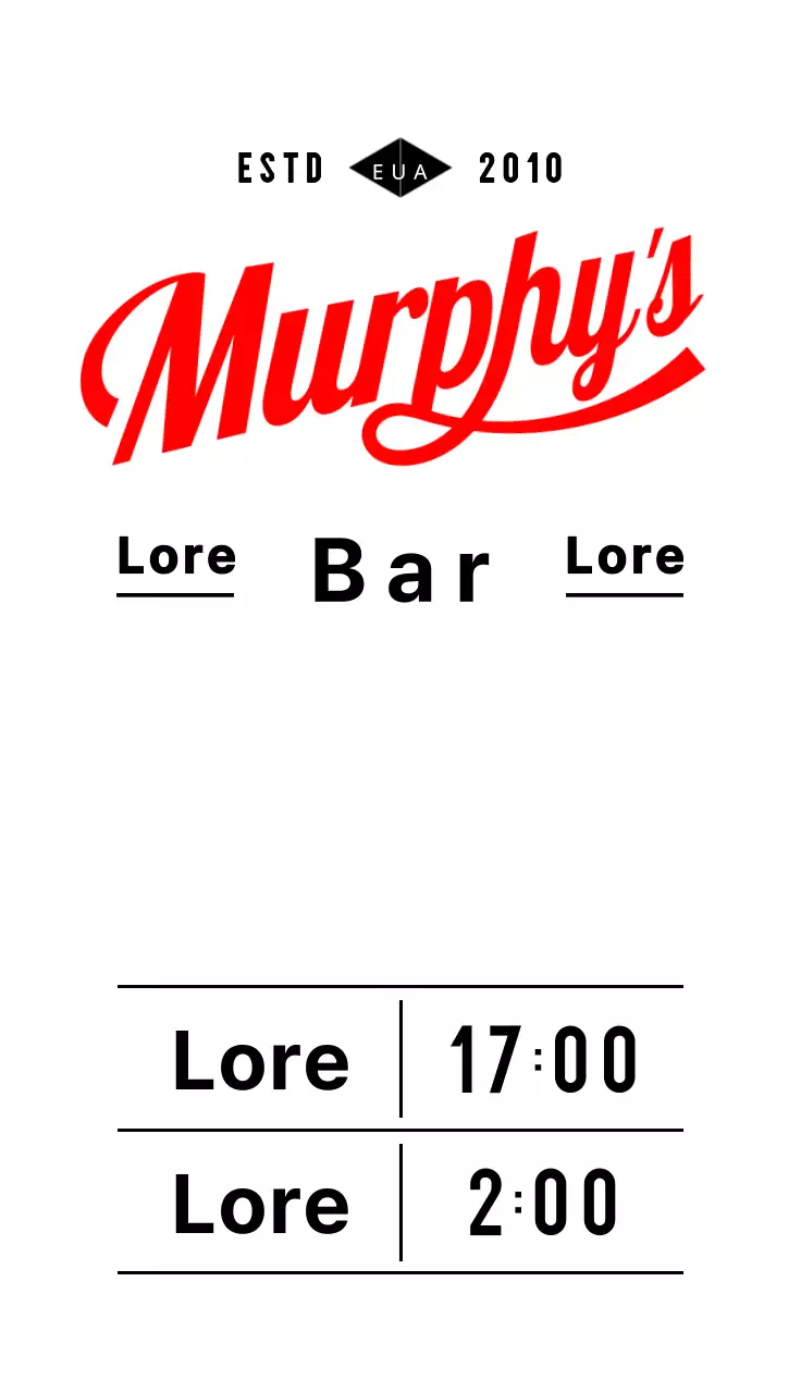 Um sinal de horário de abertura de menu de aspeto retro com texto e ilustrações de fachada de pub branco, preto e vermelho