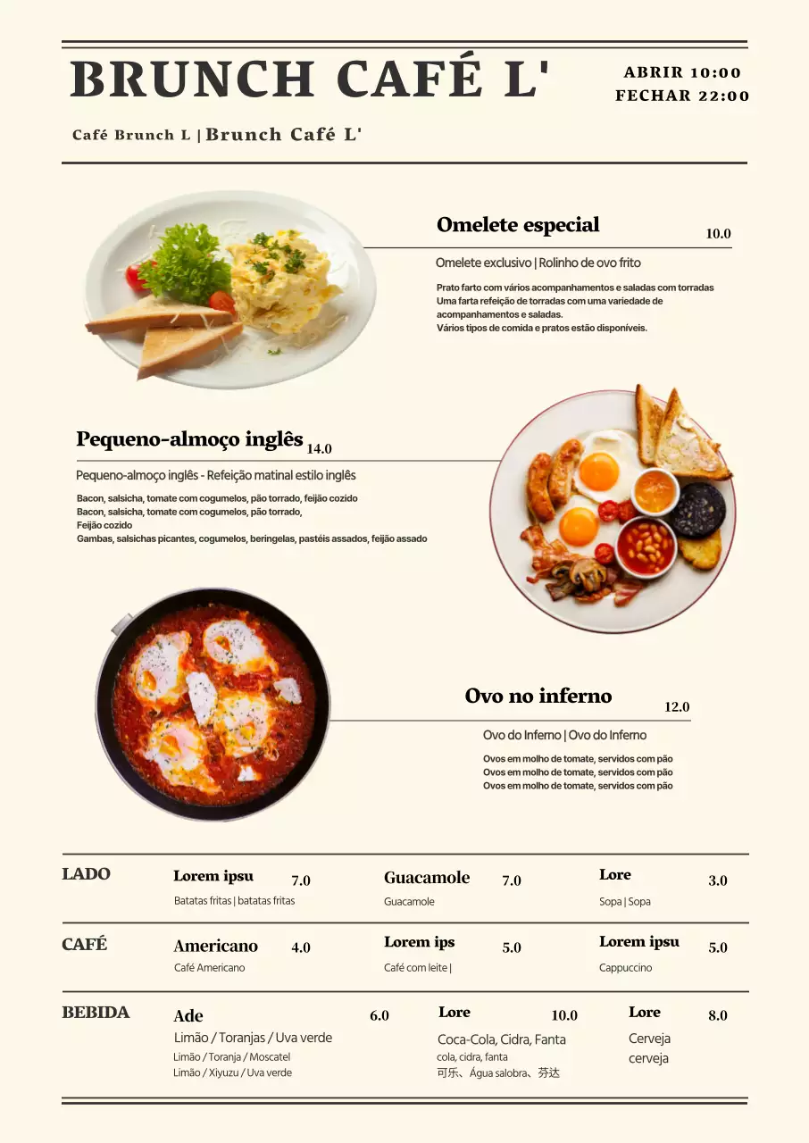 Um quadro de menu clássico e multilingue para um café de brunch, com texto relevante e fotografias de comida.