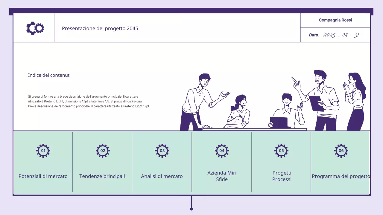 Una proposta con elementi a ingranaggi di colore viola e menta