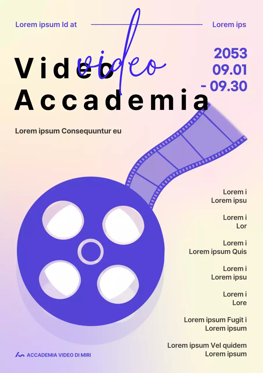 Materiale promozionale con accenti viola e simbolo della sorgente di un film video