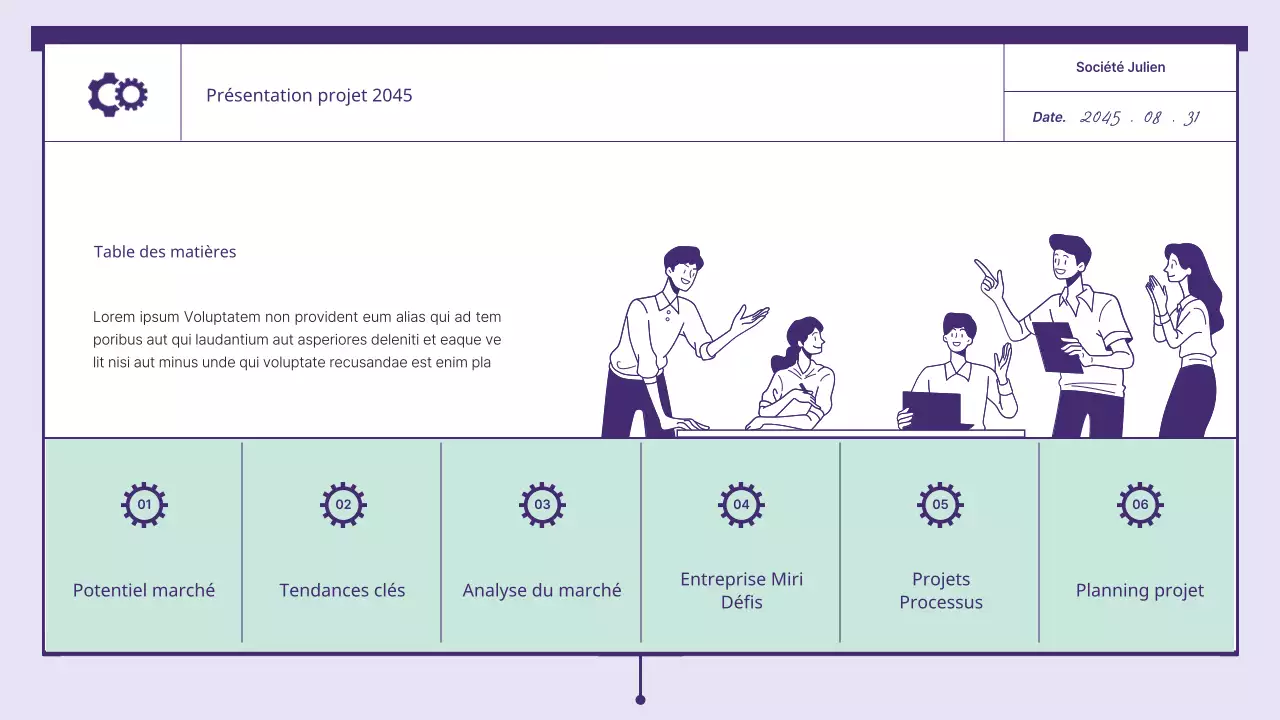 Une proposition avec des éléments de rouage de couleur violette et menthe