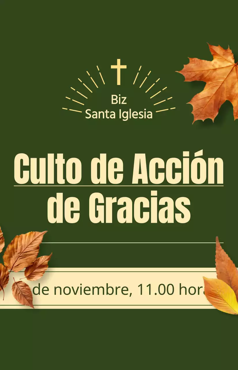 Promoción de un servicio otoñal de una iglesia con texto relacionado con Acción de Gracias y una ilustración fotográfica de hojas cayendo.