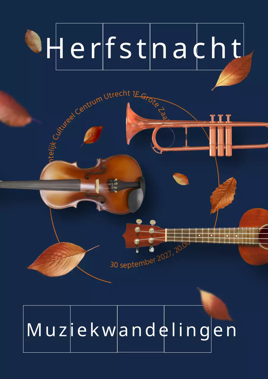 Navy blauw bruin netjes, donker en rustig concept herfst en muziekinstrument object combinatie om de herfst concerten te promoten