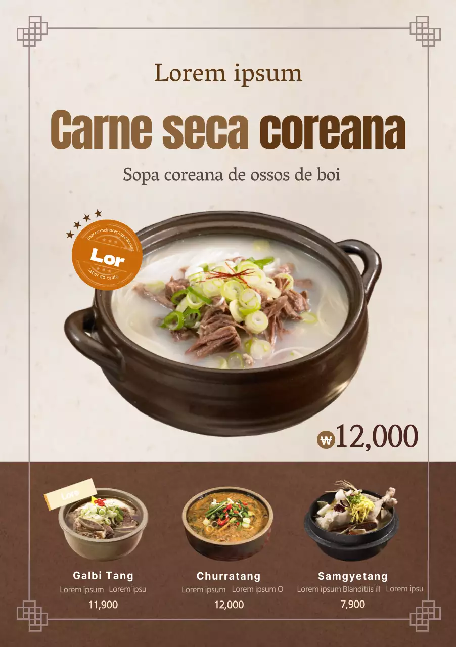 Menu coreano multilingue com fotografias e cores castanhas