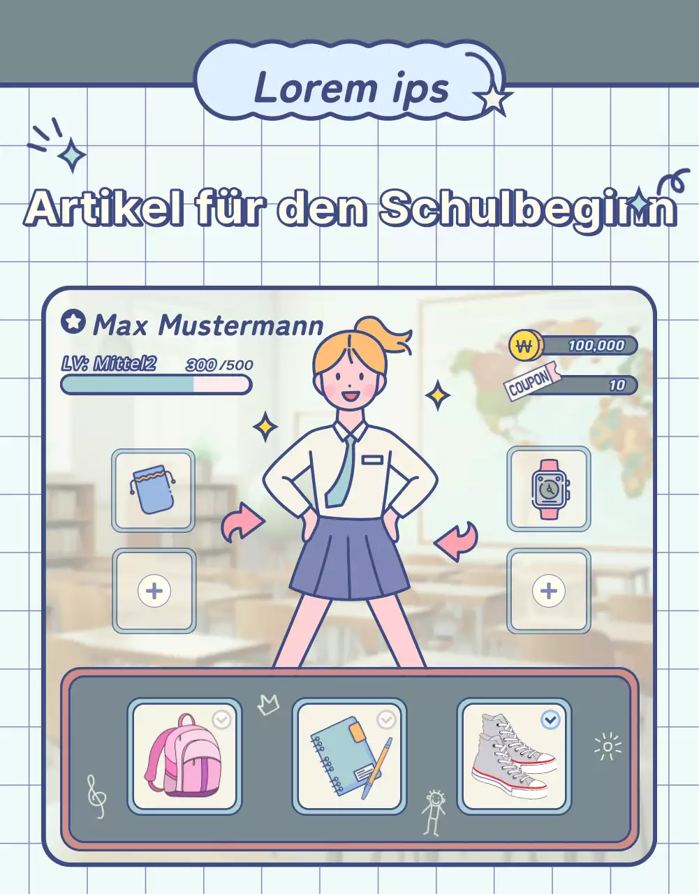 Schulanfangsartikel mit pastellfarbenen Kreidetafel- und Spielbildschirmelementen