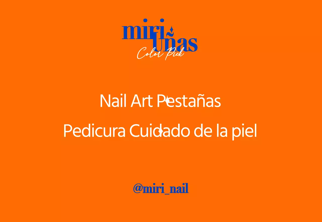 Pulcra promoción de tienda de nail art con texto en azul y naranja