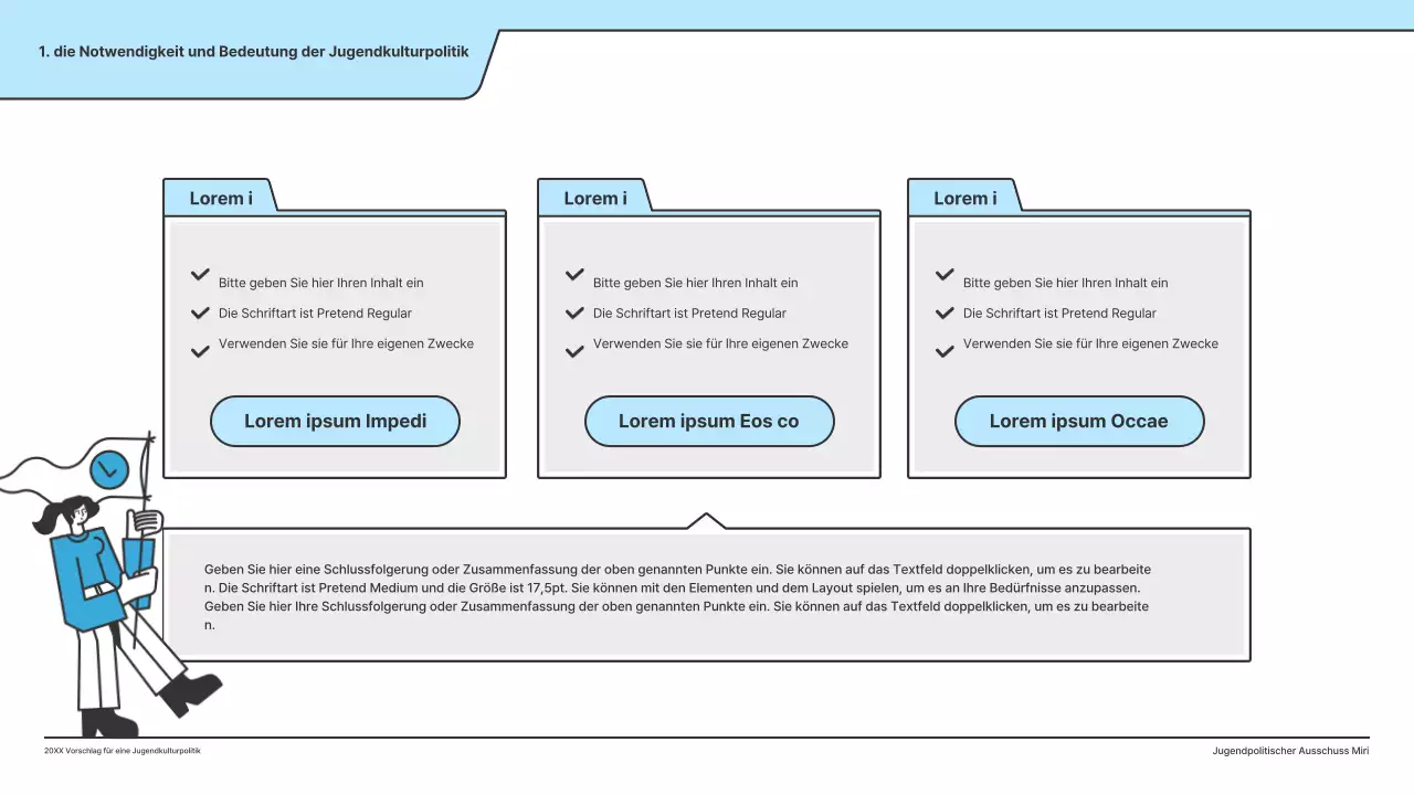 Ein politischer Vorschlag mit einer sauberen Illustration in Hellblau und einer Indexpunktform.