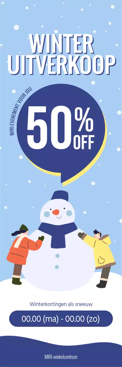 Een winterse uitverkoop met een schattige illustratie van een winterse sneeuwpop en een tekstopmaak die de korting benadrukt.