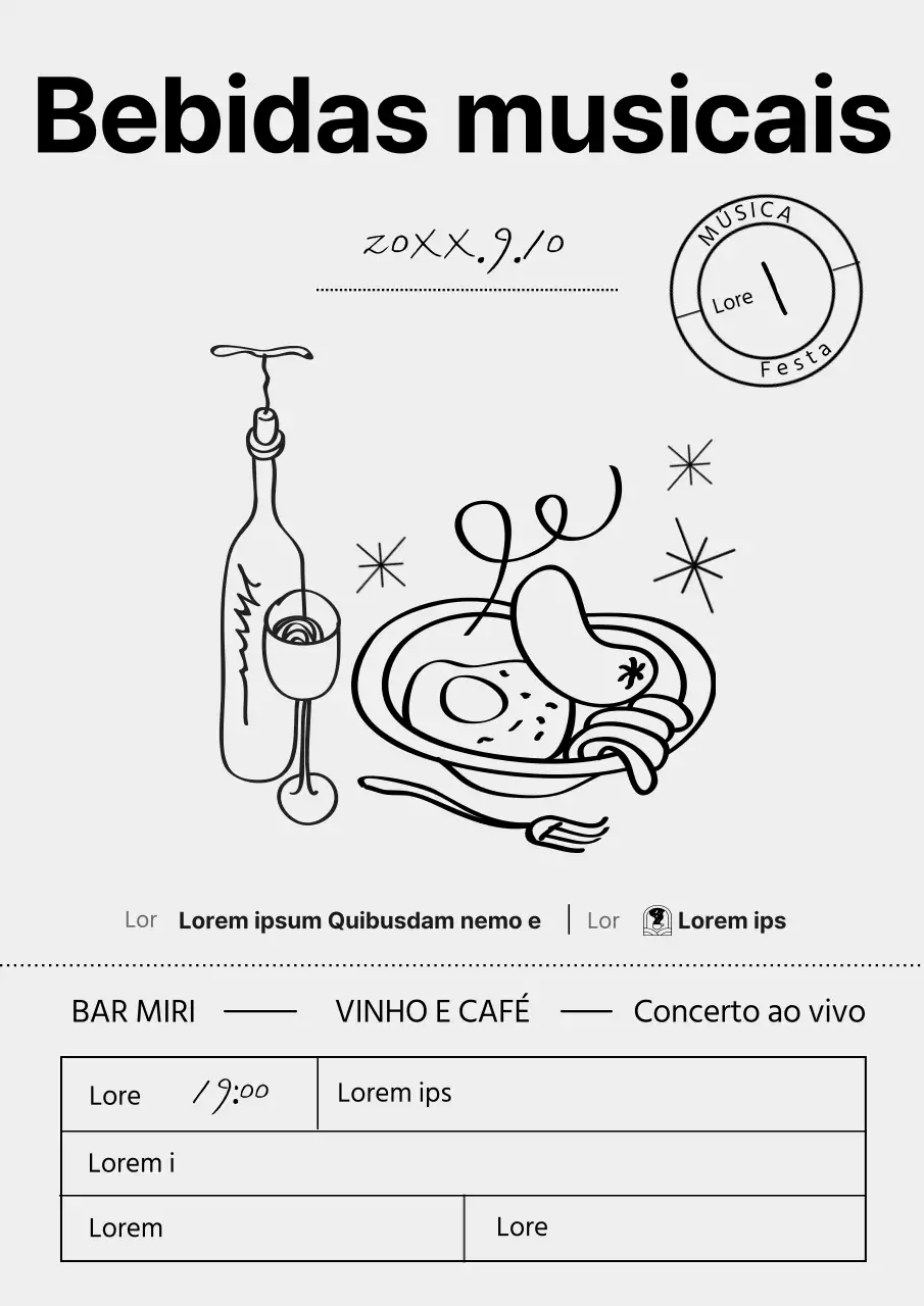 Bilhete de promoção de canções ilustrado a preto e branco