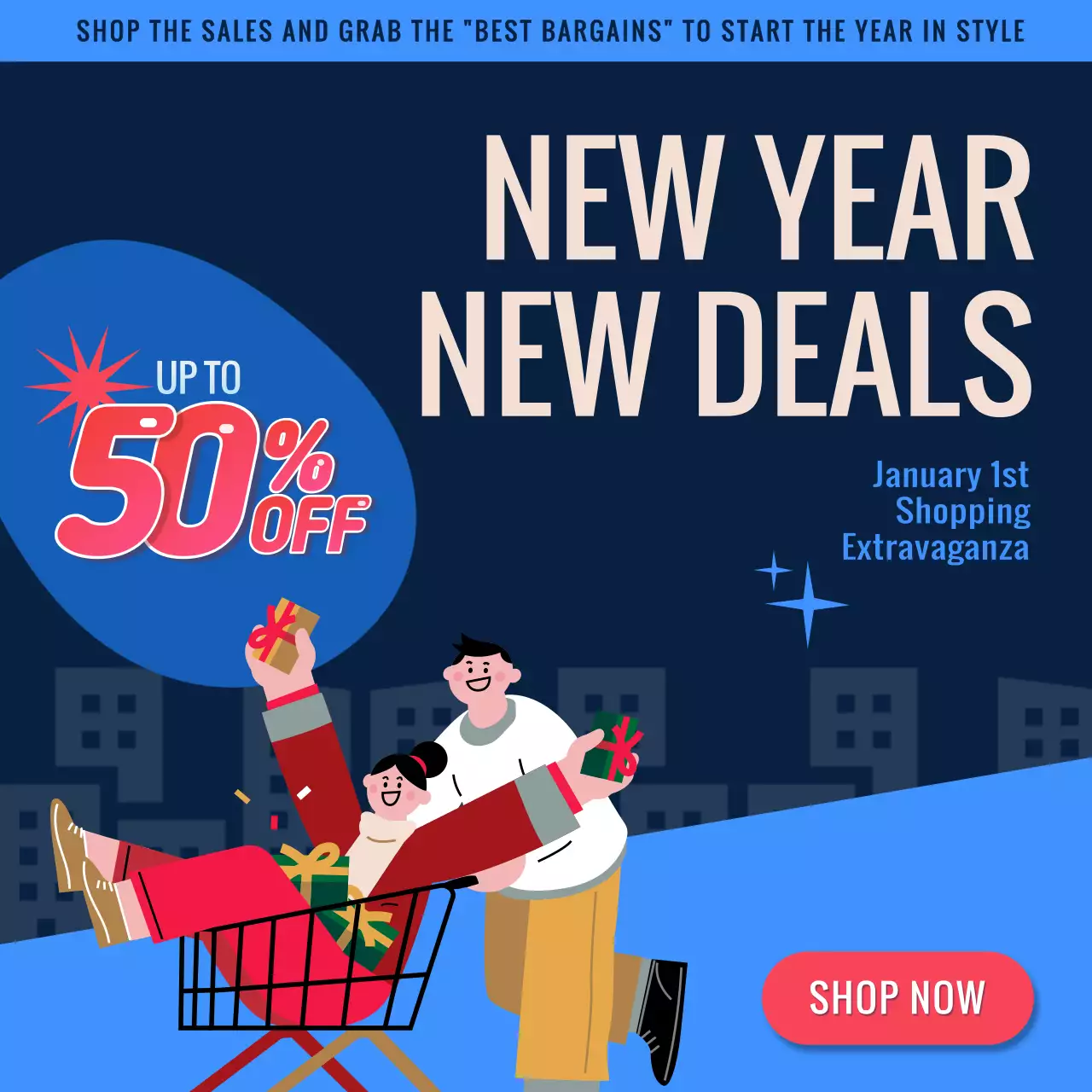 Navy and red fun New Year's Deal publicity
