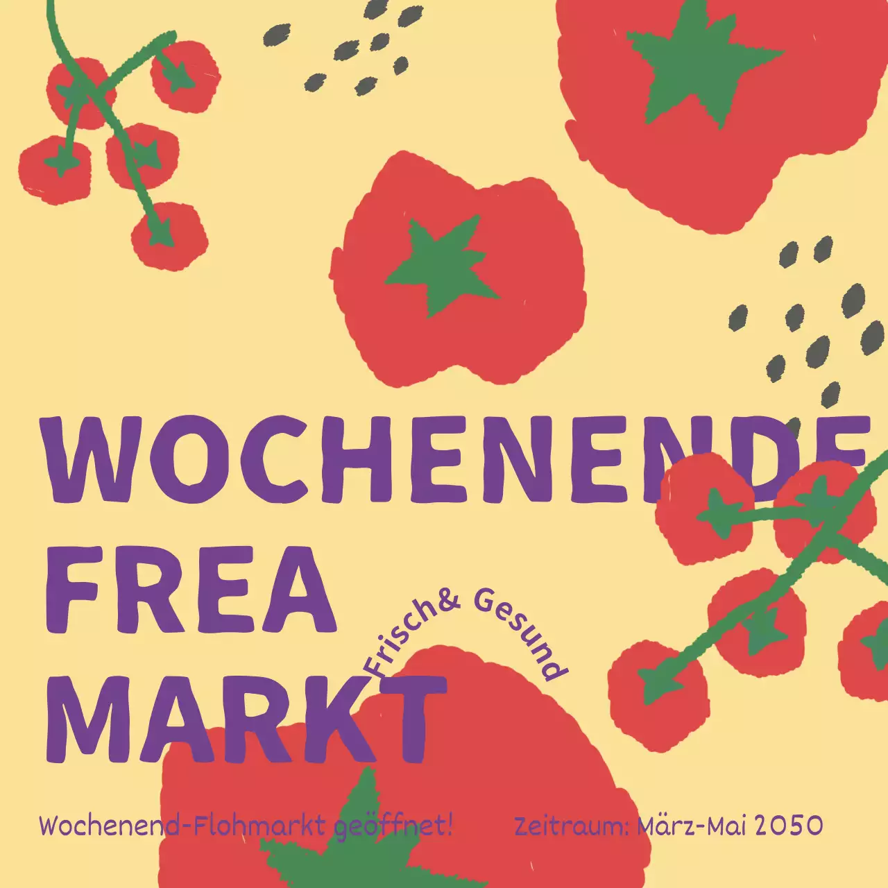 Werbung für die Eröffnung eines Marktes mit roten und gelben Tomaten auf einem Bauernmarkt