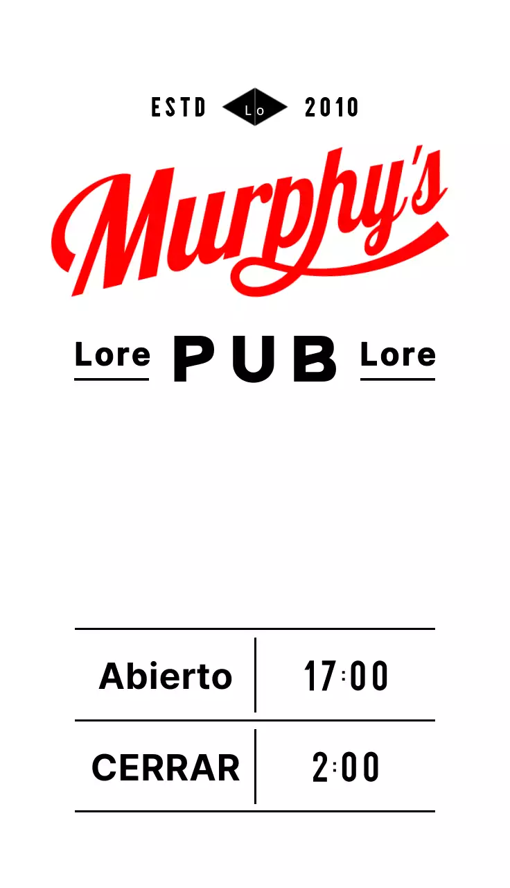 Cartel de horario de apertura de menú de aspecto retro con texto e ilustraciones en blanco, negro y rojo para el escaparate de un pub.