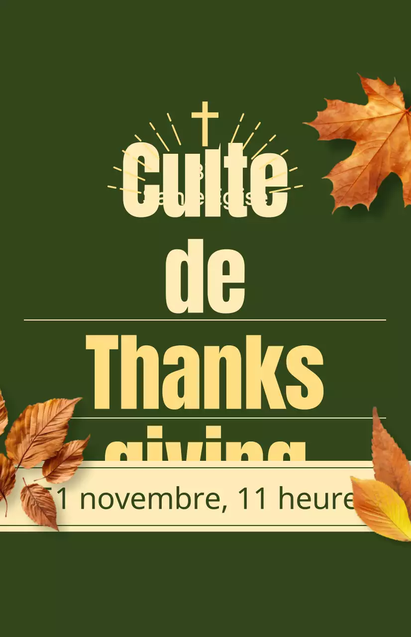 Promotion du service d'automne d'une église avec un texte relatif à l'action de grâce et une photo illustrant des feuilles en train de tomber.