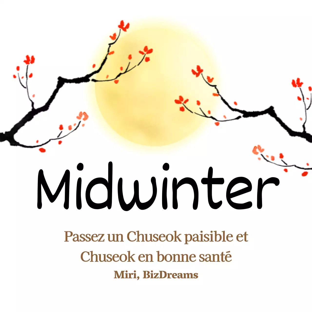 Voeux de la mi-automne avec une pleine lune jaune et un arbre à fleurs rouge sur fond blanc