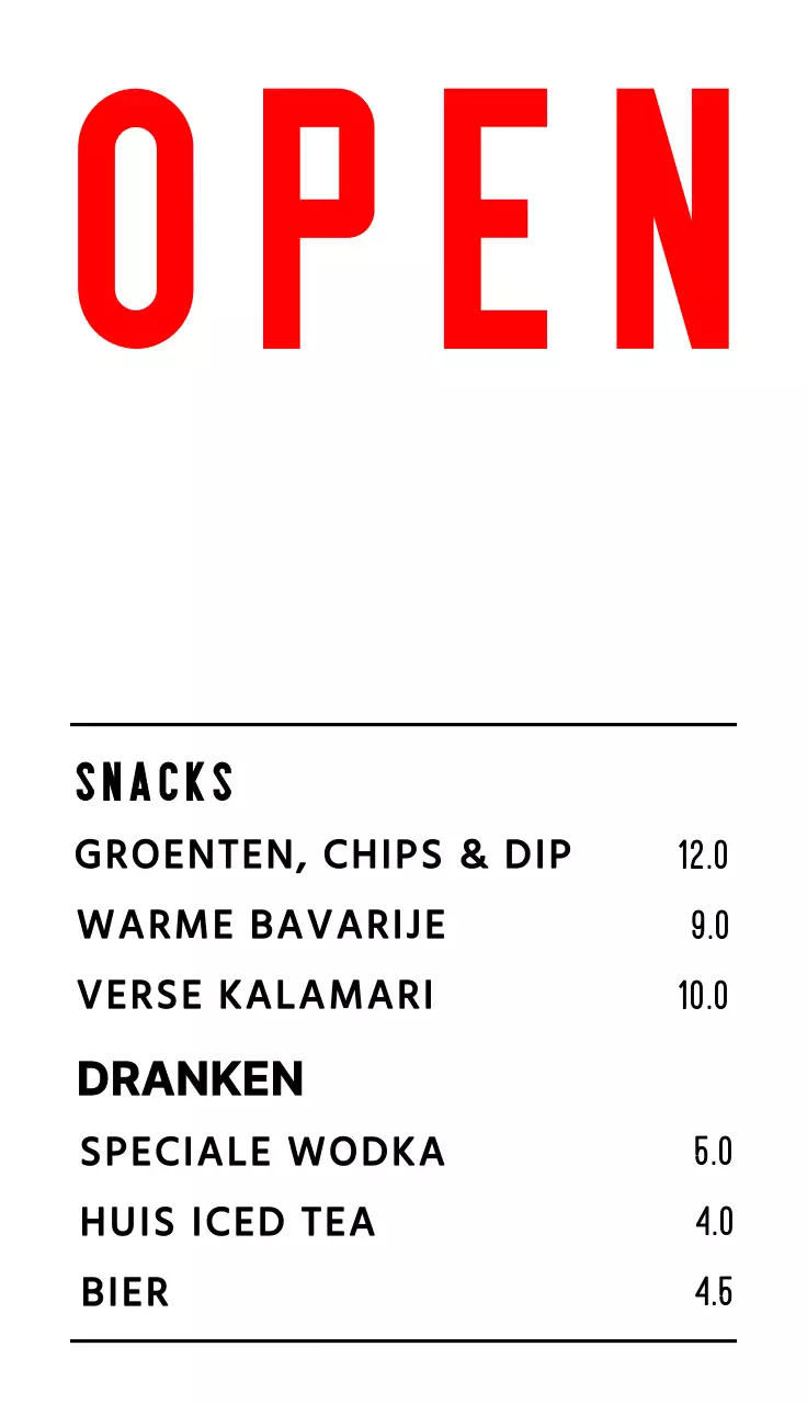 Een retro-kijkend menu opening uren teken met wit zwart rood pub storefront tekst en illustraties