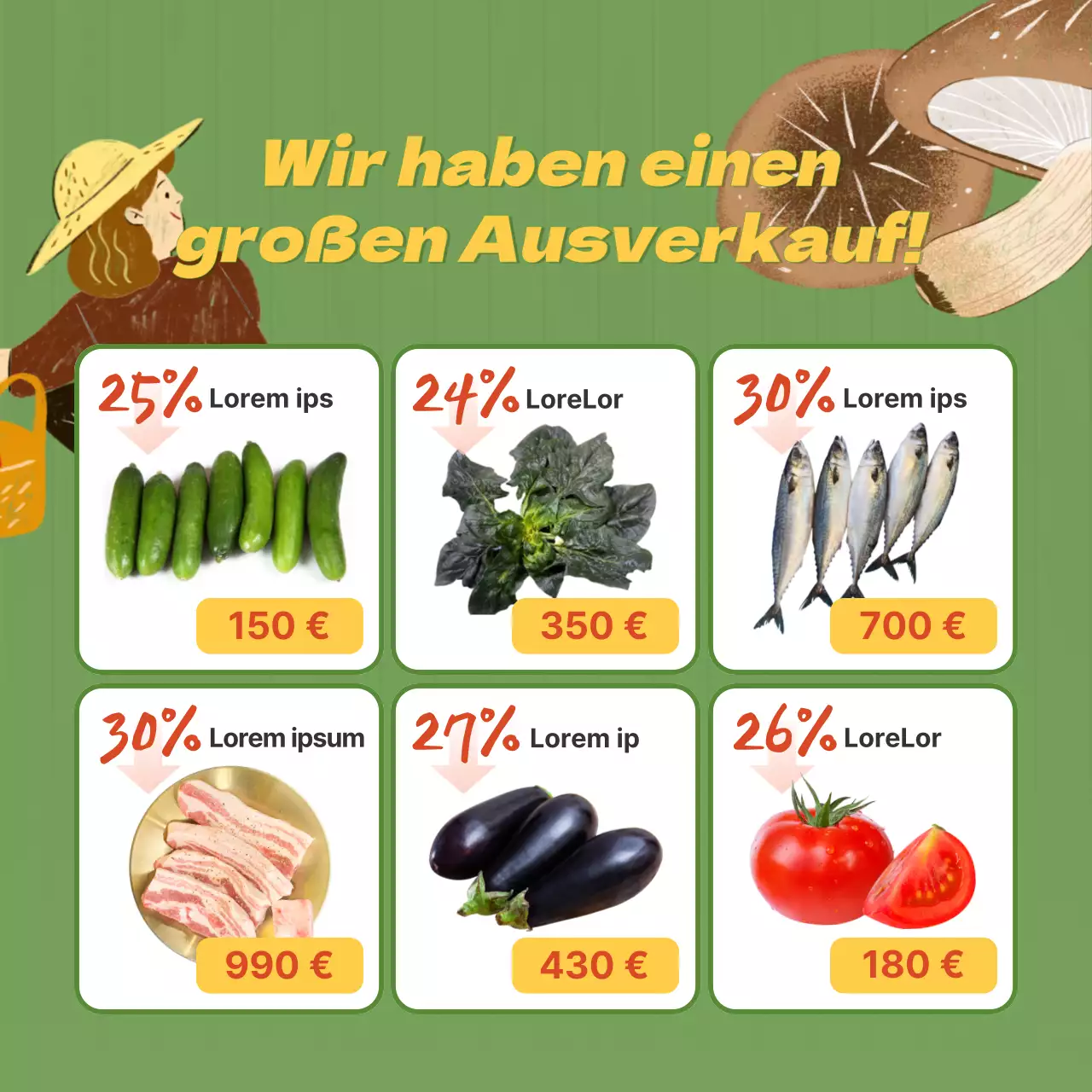 Eine Werbung für einen Bauernmarkt mit einer lindgrünen Illustration von Gemüse.