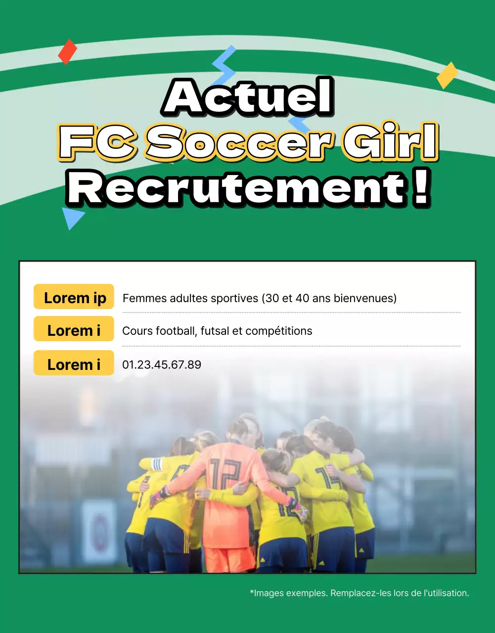 Prospectus de recrutement pour le football féminin avec une photo d'un terrain de football vert
