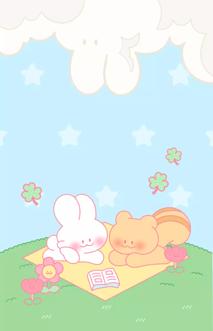 Produits dérivés présentant des illustrations colorées d'une journée dans la vie des personnages du lapin et de l'écureuil.