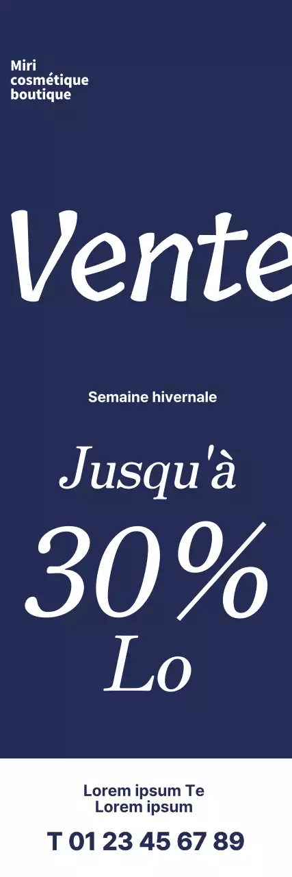 Bannière d'événement pour un magasin de cosmétiques avec VENTE écrit en cursive sur fond bleu marine