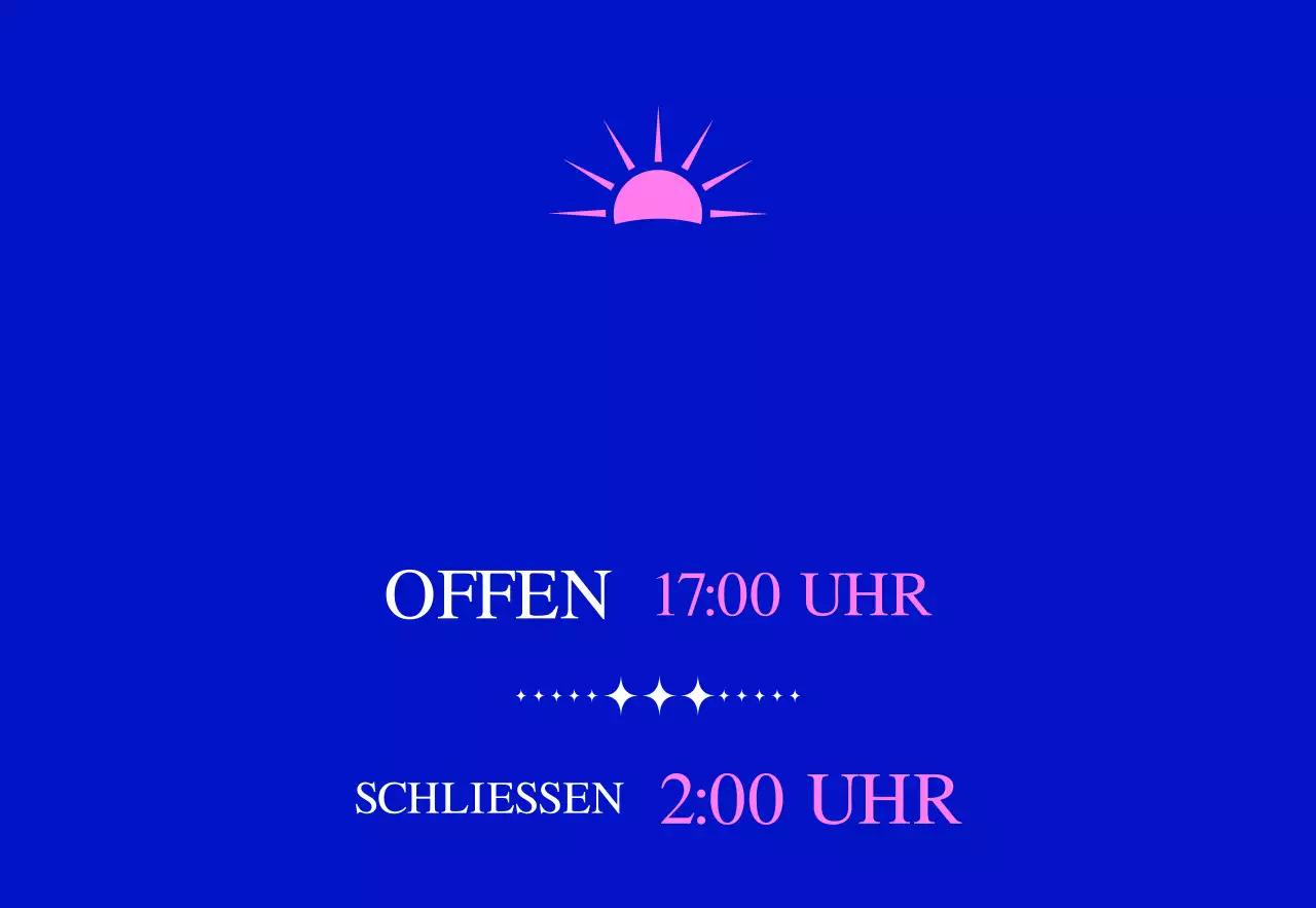 Werbung für eine Cocktailbar mit einer blau-rosa Sonnenillustration