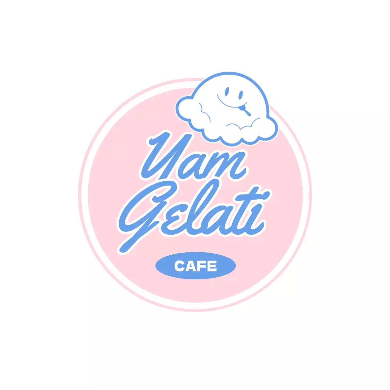 연분홍과 하늘색의 귀여운 캐릭터가 있는 아이스크림 디저트 카페 포인트 간판