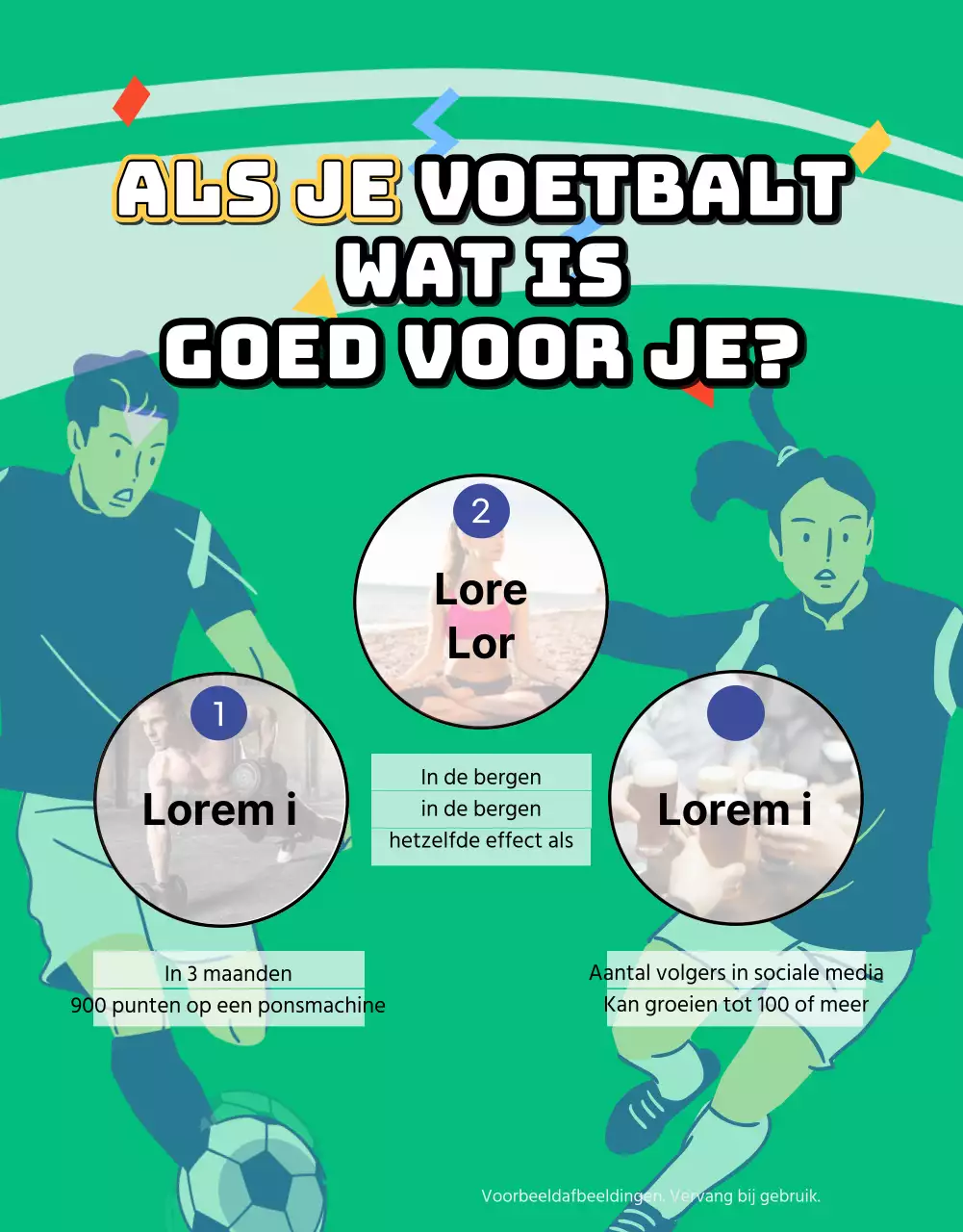 Rekruteringsflyer voor vrouwenvoetbal met een afbeelding van een groen voetbalveld