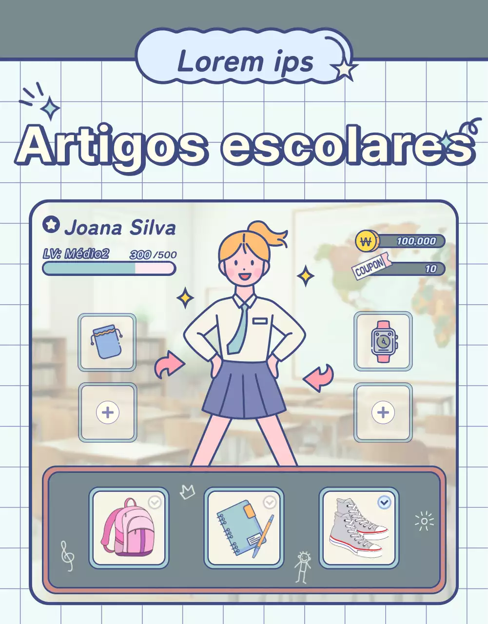 Artigos de regresso às aulas com elementos pastel de quadro de giz e ecrã de jogo